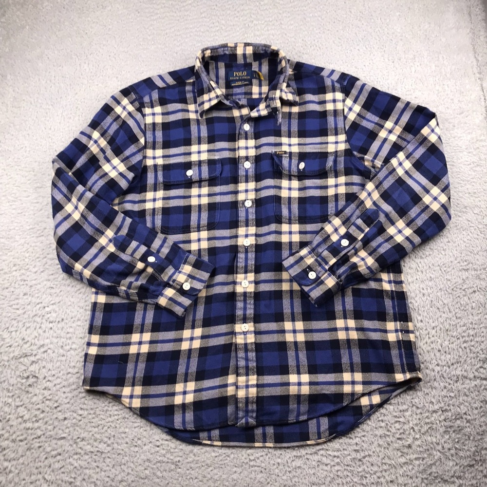 Polo Ralph Lauren Shirt Men L Classic‎ Fit Blue Plaid Performance Flannel